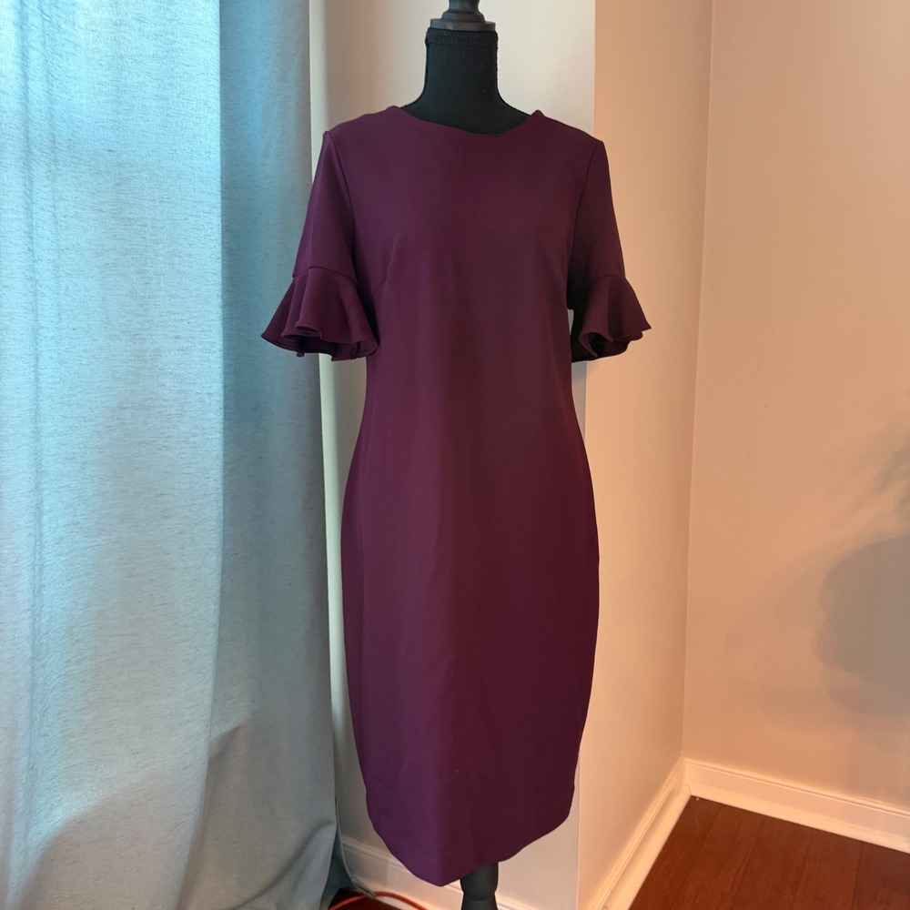 Calvin Klein Sheath Dress Womens 12 Purple Ruffle Bell Sleeve Gold Zip Stretch